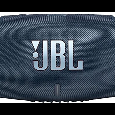 Coluna portátil JBL azul escuro com logotipo branco e textura em tecido