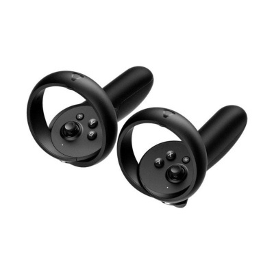 Controlos de realidade virtual pretos com botões e joysticks em fundo branco