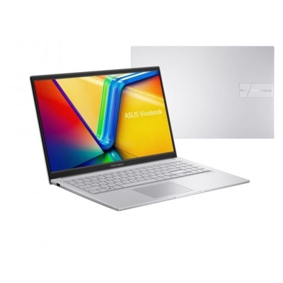 Portátil ASUS Vivobook prateado com teclado branco e ecrã colorido aberto