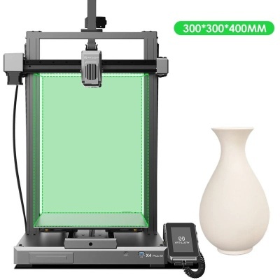 Impressora 3D preta com visor digital e vaso branco ao lado