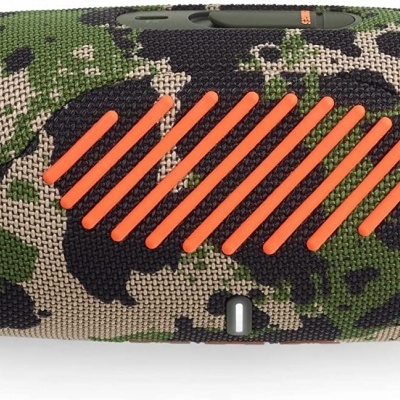Coluna portátil camuflada verde com detalhes laranja