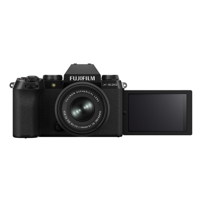 Câmara Fujifilm X-S20 preta com lente e ecrã LCD articulado aberto