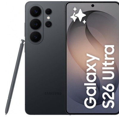 Smartphone Samsung Galaxy S26 Ultra preto com caneta e texto no ecrã