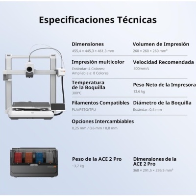 Impressora 3D branca com carretéis coloridos e especificações técnicas