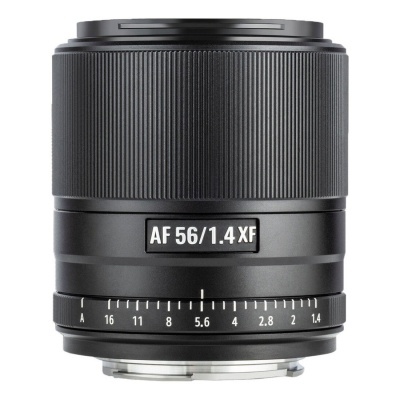 Lente de câmara fotográfica preta AF 56/1.4 XF com escala de abertura.
