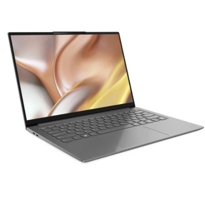 Computador portátil cinzento com ecrã ligado e teclado