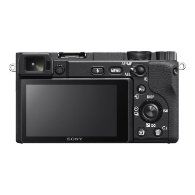 Câmara digital Sony preta vista pela parte traseira com ecrã e botões