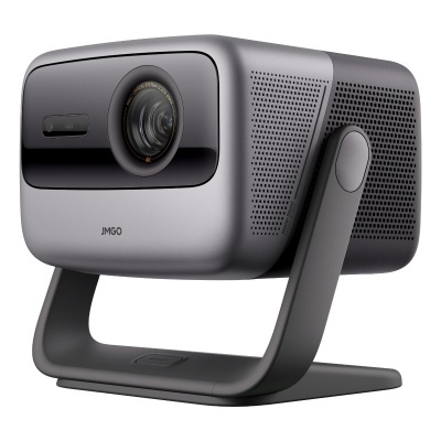 Projetor JMGO cinzento e preto com lente grande e suporte em U