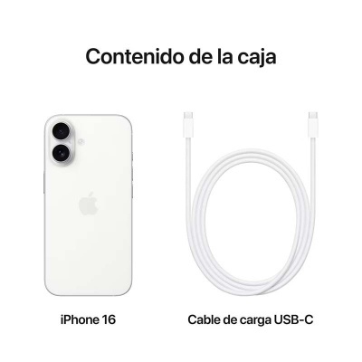 iPhone 16 branco e cabo USB-C branco sobre fundo branco com texto em espanhol.