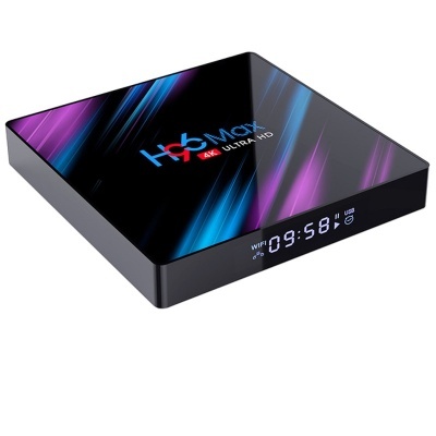 Set-top box preto com texto H6 Max 4K ULTRA HD e display digital