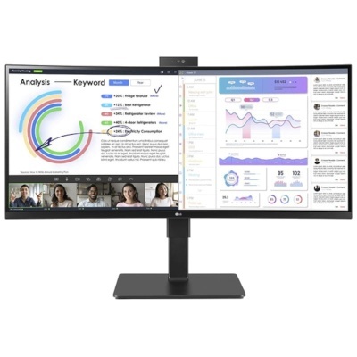 Monitor ultrawide curvo preto com gráficos e videoconferência