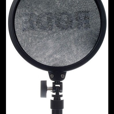 Pop filter redondo com malha fina cinzenta e armação preta