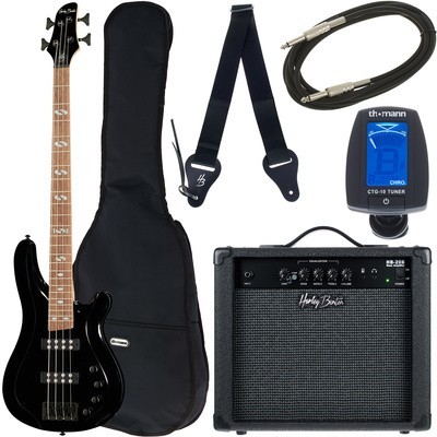 Conjunto de baixo elétrico preto com acessório e amplificador.