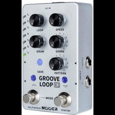 Pedal de efeitos para guitarra MOOER Groove Loop X2 cinza com botões pretos e texto preto