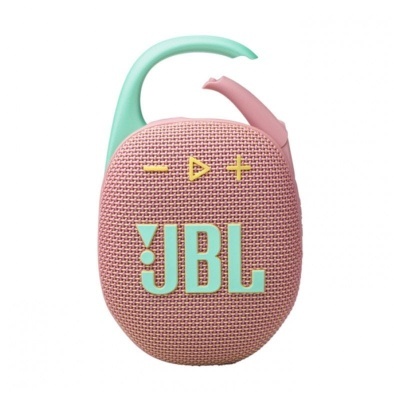 Coluna portátil JBL rosa com gancho verde menta e botões amarelos.