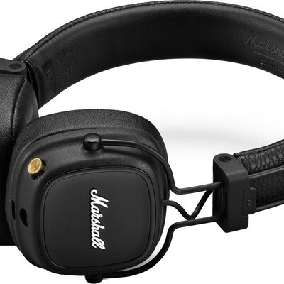 Auriculares Marshall pretos com botão dourado e logótipo branco