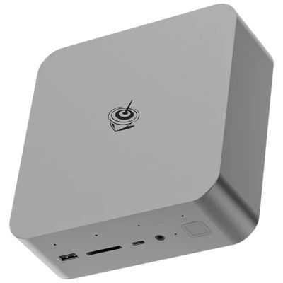 Mini PC quadrado cinza claro com várias portas e logotipo preto no centro