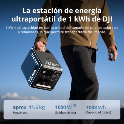 Estação de energia ultraportátil DJI a ser segurada por pessoa com texto informativo sobre especificações em espanhol e português.