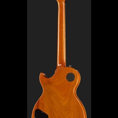 Guitarra elétrica castanha clara vista de trás com acabamento em madeira brilhante.