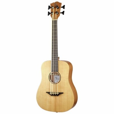 Ukulele ou guitarra de madeira clara com quatro cordas e etiqueta 'ULA'