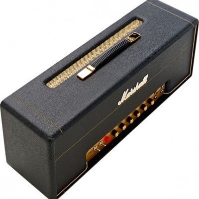 Amplificador Marshall preto com painel dourado e alça superior