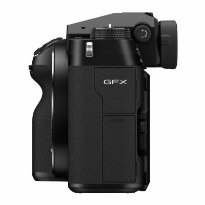 Câmara digital Fujifilm GFX preta vista de lado