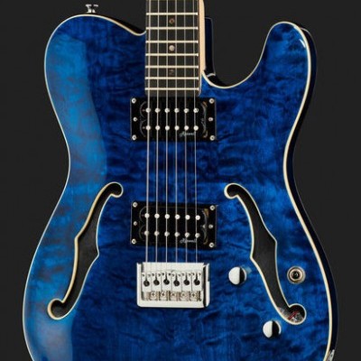 Guitarra elétrica semi-acústica azul com detalhes pretos e metálicos