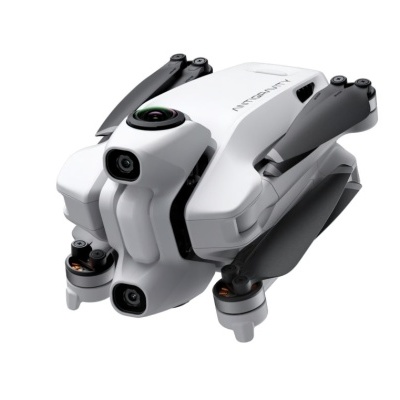 Drone branco compacto com hélices pretas e câmaras frontais