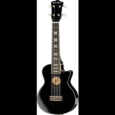 Ukulele elétrico negro com acabamento brilhante e marcação triangular no braço