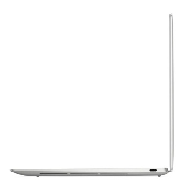 Computador portátil prateado aberto vista lateral fina porta USB-C