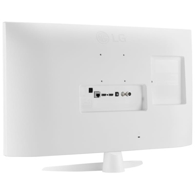 Monitor LG branco visto de trás mostrando as portas e a base