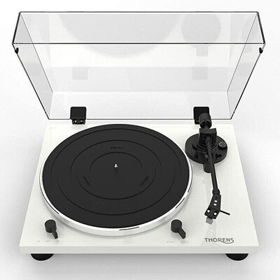 Gira-discos Thorens branco com prato preto e tampa transparente