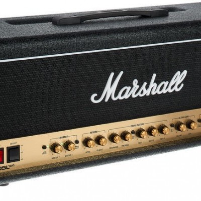 Amplificador de guitarra Marshall preto com painel frontal dourado e botões.