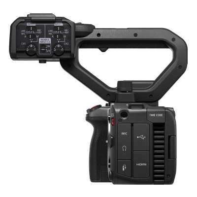 Câmara de vídeo profissional preta com controlo de áudio e botões