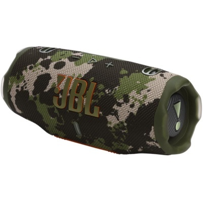 Coluna portátil JBL camuflada verde preto bege e marron com botões e logo laranja