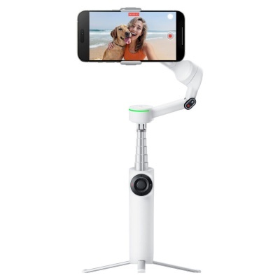 Estabilizador branco para smartphone com telemóvel a gravar vídeo