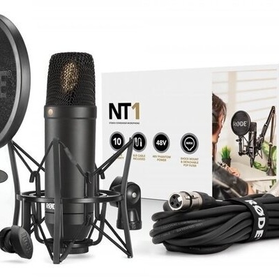 Microfone condensador RØDE NT1 com acessórios e embalagem