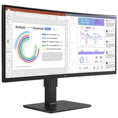 monitor ultra-wide curvo com gráficos coloridos e suporte preto