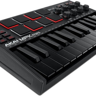 Controlador MIDI AKAI MPK mini com teclado e pads vermelhos