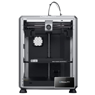 Impressora 3D Creality K1 SE cinza e preta com visor LCD e suporte de filamento