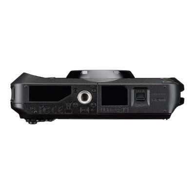 Câmara fotográfica preta vista de cima com botões e suportes