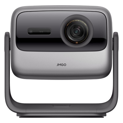 Projetor JMGO cinza e preto com lente frontal circular em suporte preto