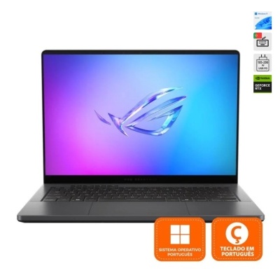 Computador portátil com ecrã aberto e fundo azul e roxo com logótipo