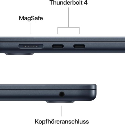 Bordas laterais de computador portátil cinza com portas MagSafe, Thunderbolt 4 e entrada para auscultadores.