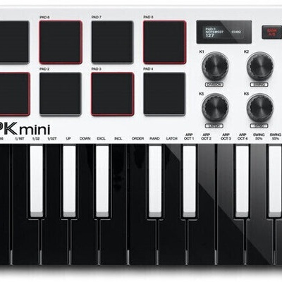 Controlador MIDI AKAI MPK mini branco com teclas e pads pretos e detalhes vermelhos