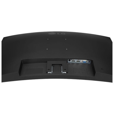 Parte traseira curvada de monitor LG preto com portas HDMI, DisplayPort e VGA