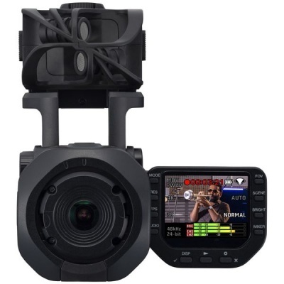 Câmara de vídeo preta com ecrã a cores