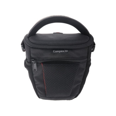 Bolsa preta para câmara com alça e bolso em rede à frente