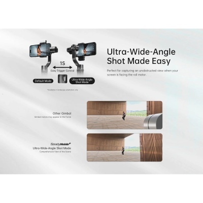 Demonstração do modo Ultra-Wide-Angle Shot Mode em gimbal para telemóvel com comparação visual de campo de visão.