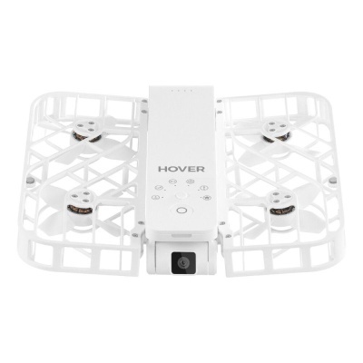 Drone branco com quatro rotores e câmara frontal
